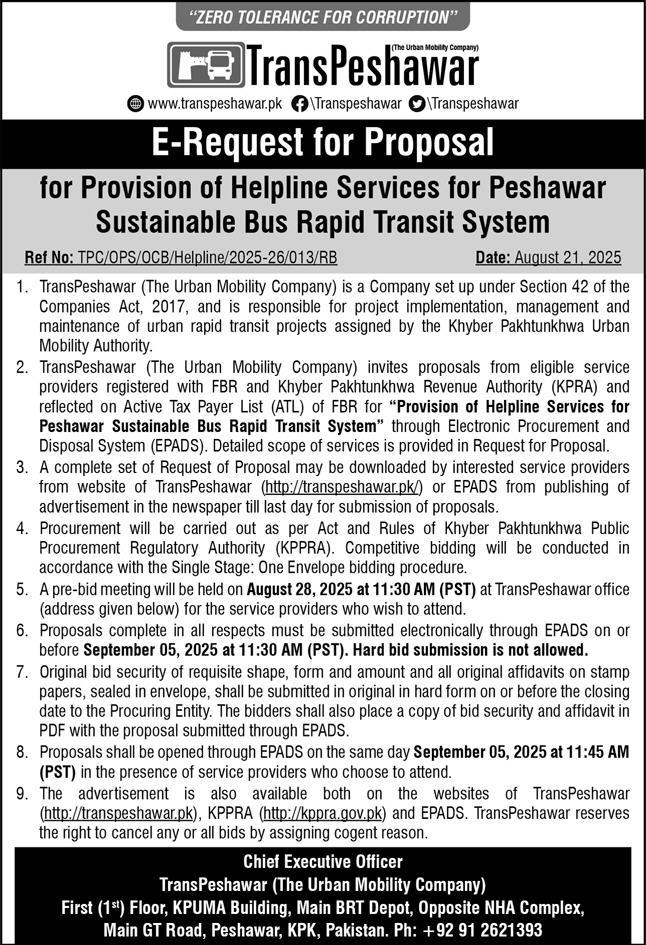 TransPeshawar Tender Notice